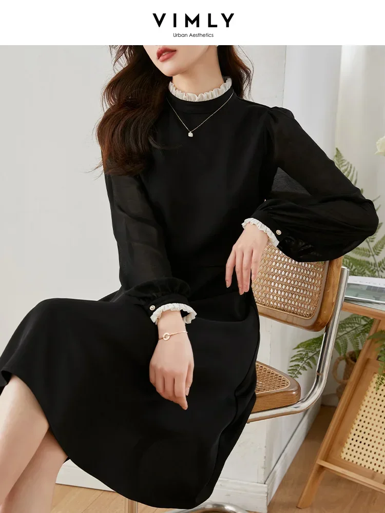 Vimly Elegant Black Dresses for Women 2023 Autumn Korean Style Fashion Simple Ruffles Chiffon Long Sleeve Dress Women\'s Clothing