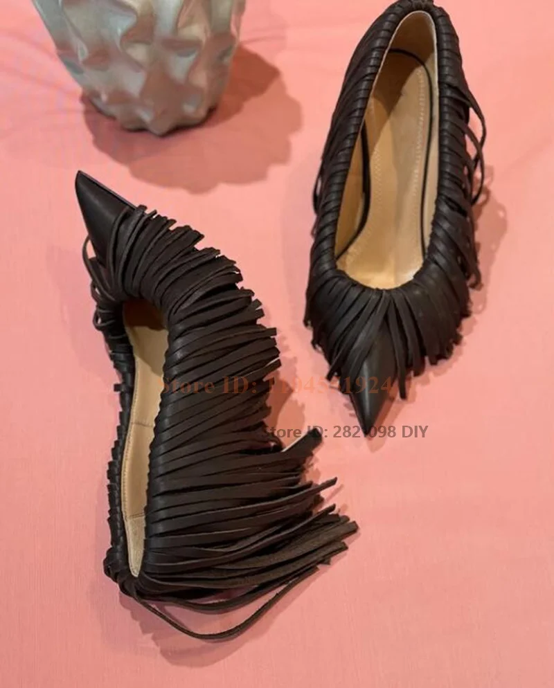 

Black Leather Slip On Tassel Thin Heeled Stiletto Pointed Toe Pumps Women Fringe Fashion Party Shoes