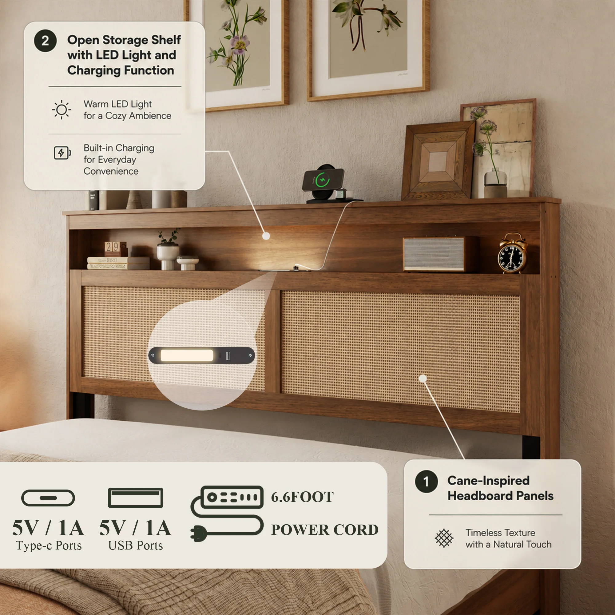 Queen Size Platform Bed Frame with Rattan Headboard and LED Reading Light, Modern Farmhouse Wood Bed with Storage Shelf, No Box Spring Needed - view 6