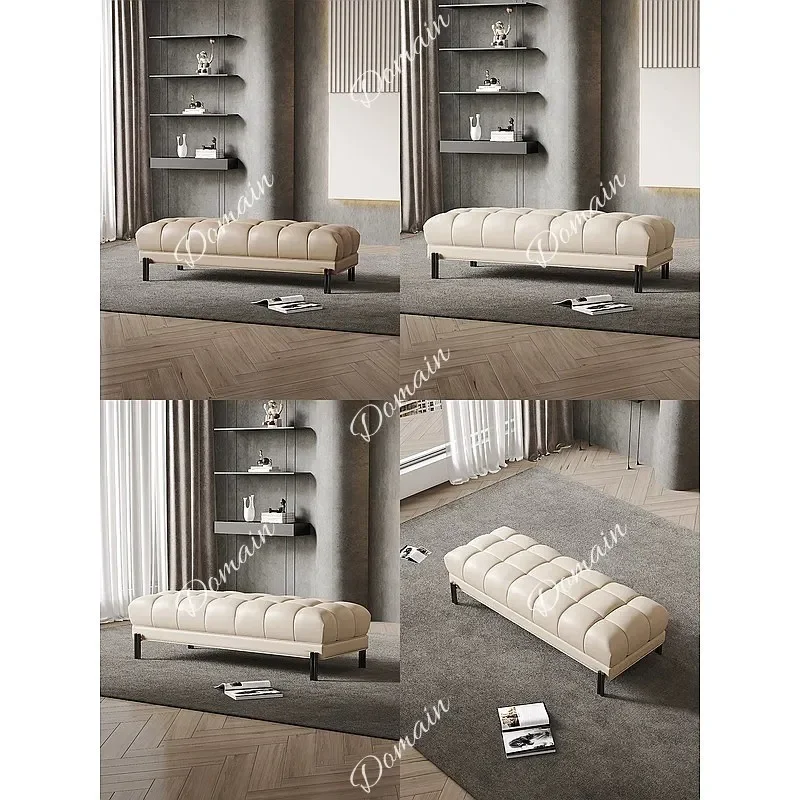 FX Luxury Italian Style Bedroom Bench, Minimalist Genuine Leather Sofa Stool, Designer High-End Solid Wood Home Shoe Changing St