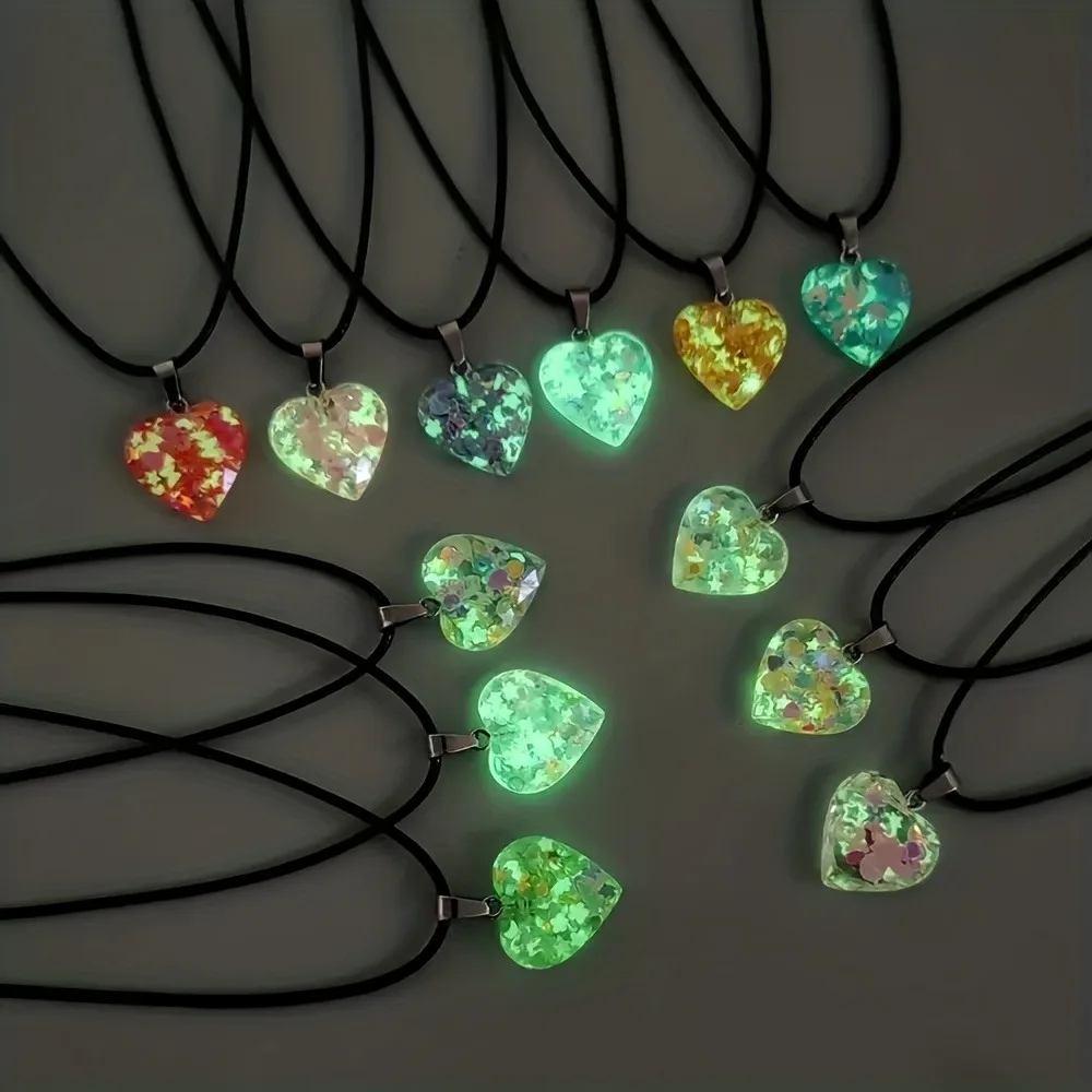 5 Pairs of Luminous Resin Heart-Shaped Pendant Necklaces with Leather Strings, Suitable for Holiday Gifts and DIY Jewelry Making