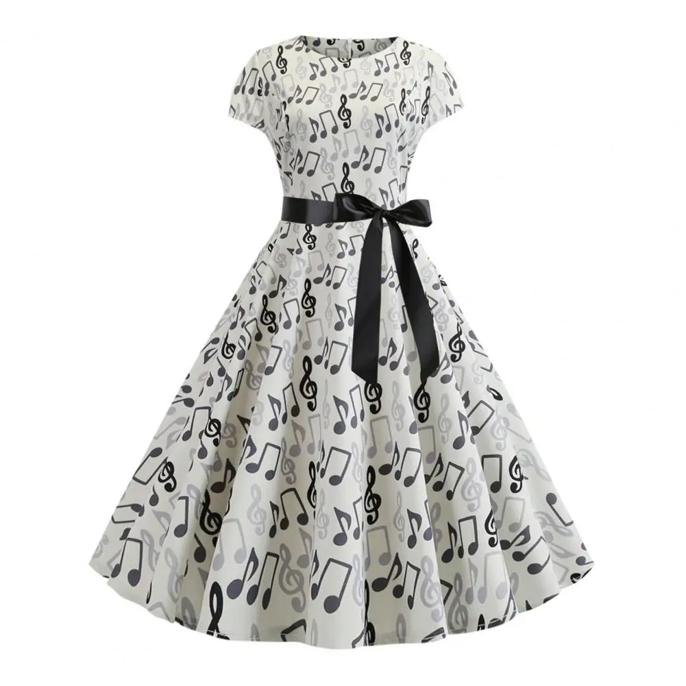 

Women Printed Midi Dress with Bow Belt A-line Silhouette for Short Sleeves Tight Dress