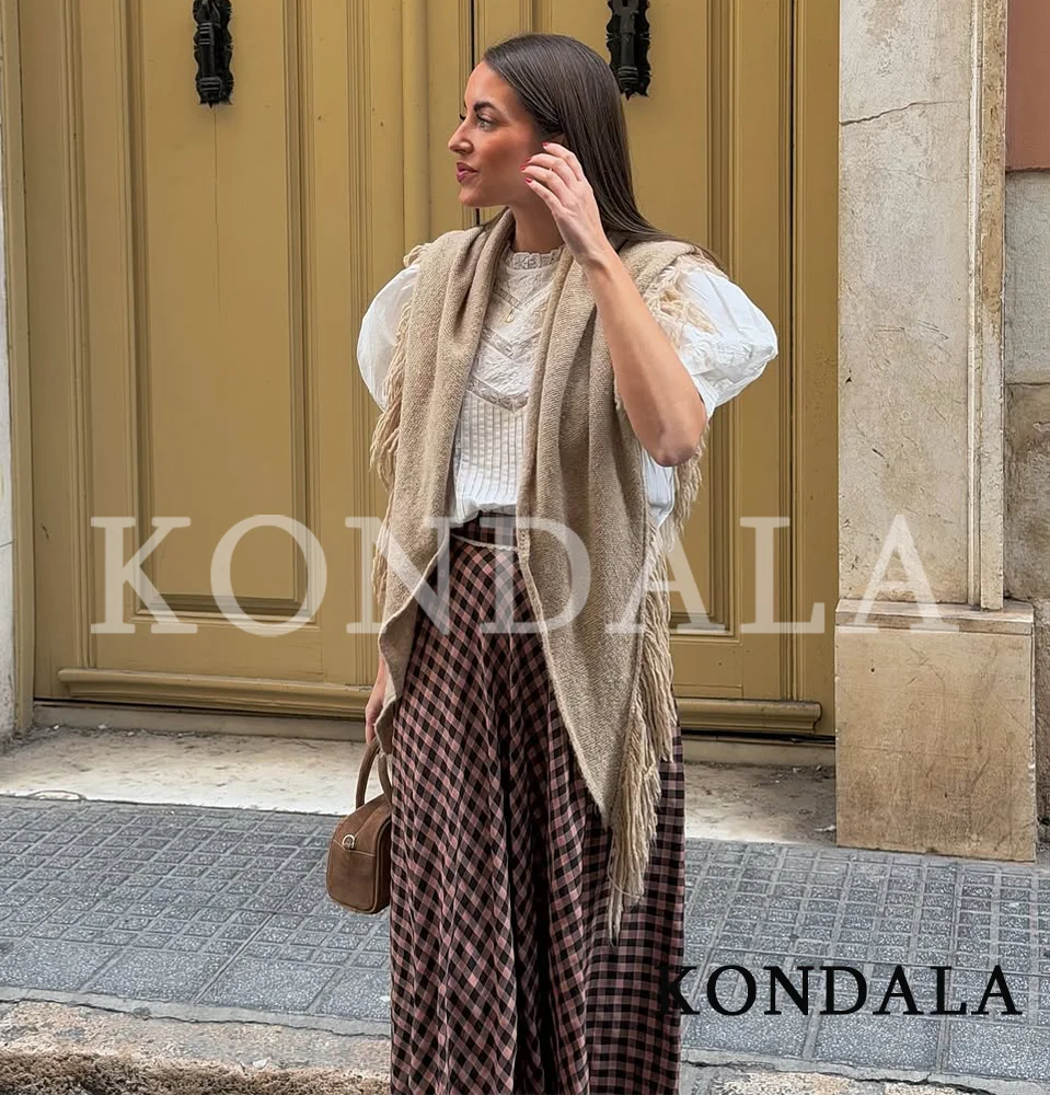 KONDALA Elegant Vintage Plaid Midi Skirt Women's Cute Casual A-Line Midi Skirt New 2026 Spring Summer Fashion Holiday Lady Skirt