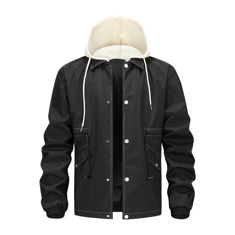 Men Jacket Autumn Contrast Color Patchwork Male Hooded Coat Elastic Waist Single-breasted Long Sleeve Pocket Man Outerwear