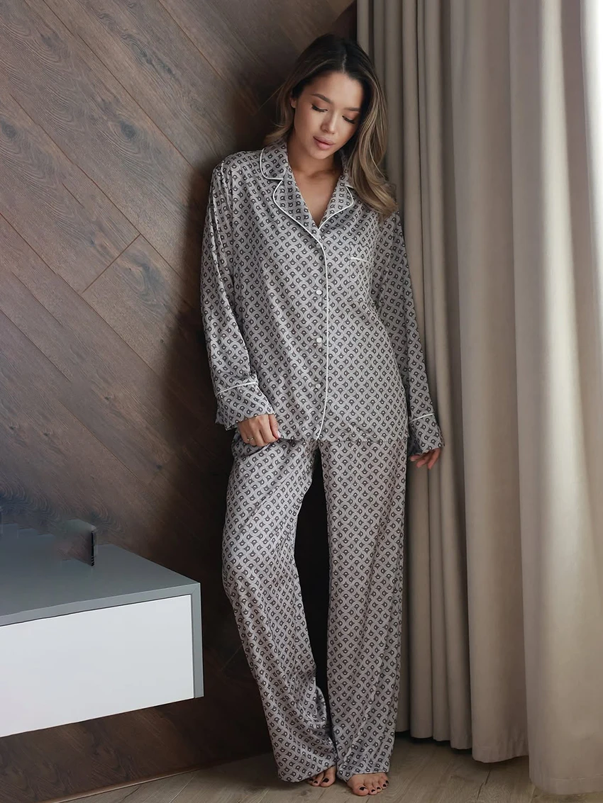 

Marthaqiqi Casual Women Nightgowns Set Sexy Turn-Down Collar Sleepwear Long Sleeve Pajamas Pants Printing Ladies Nightwear Suits