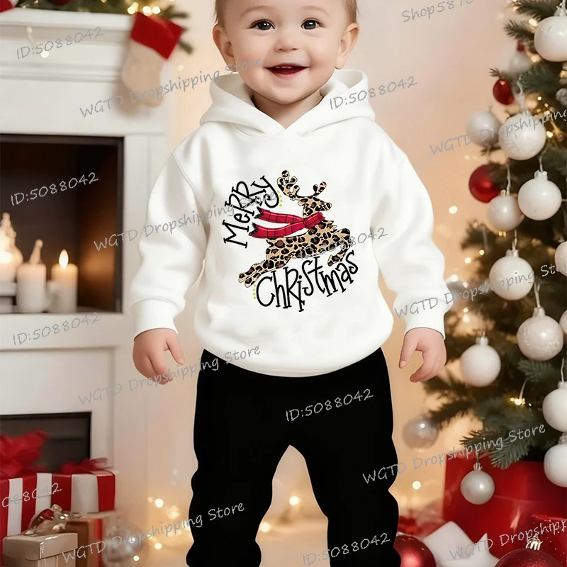 

Y2K Merry Christmas Leopard Deer Cartoon Hoodies Pants 2Pc Set for Boys Girls Fashion Casual Xmas Printed Kids Sportsuit Gifts