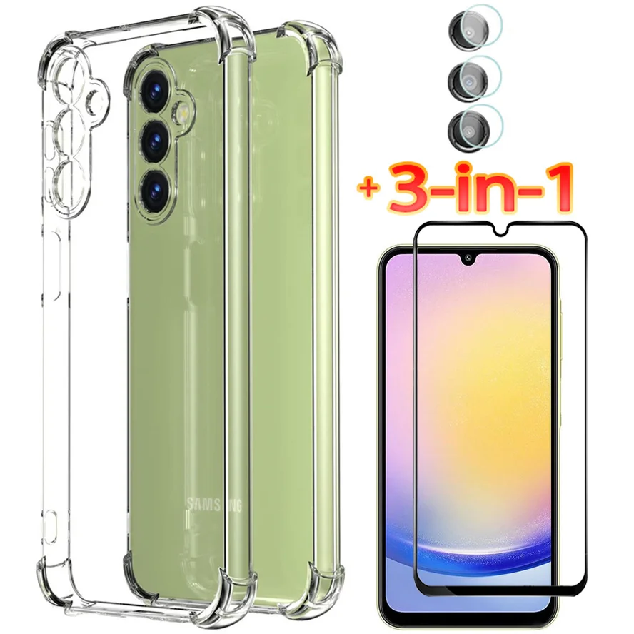 

3-in-1,Protective Glass+Case for A05 A05s A15 A25 A35 A55 Soft Clear Shockproof Silicone Phone Cases Samsung Galaxy A25 5G Cover