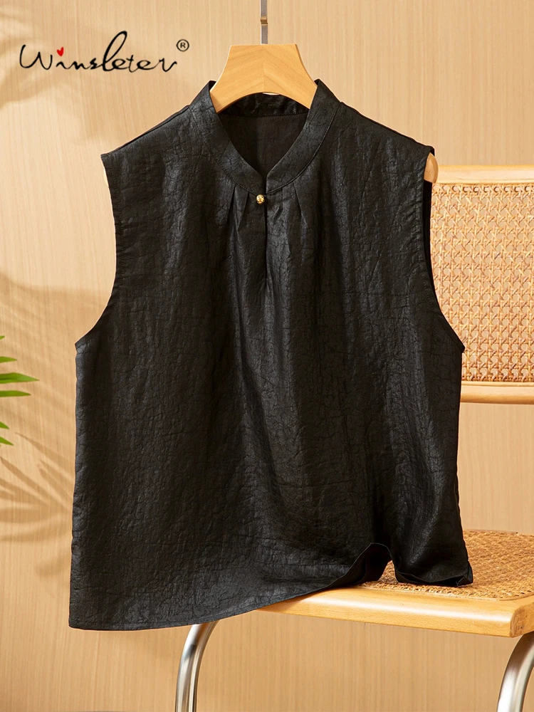 

Winsleter-100%Real Silk Watered Gauze Elegant Vest Coat, Stand Craquelure, Women Retro Casual Waistcoat, 2025 Winter C5D201CC