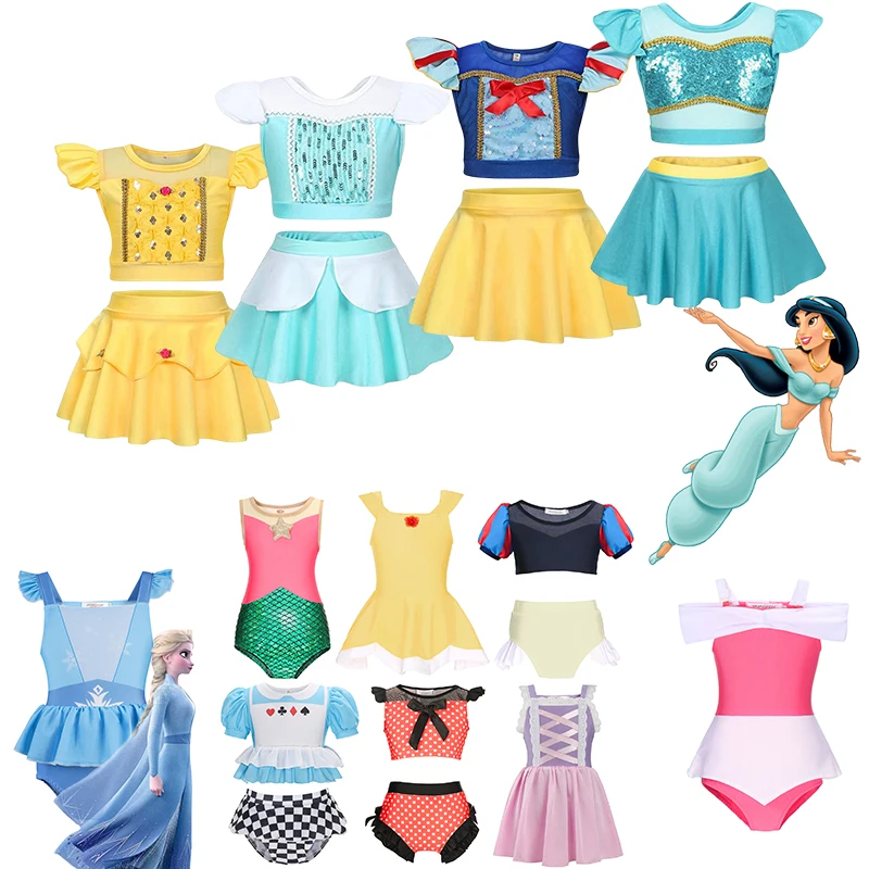 

2024 Baby Girls Cosplay Disney Jasmine Elsa Swimsuit Rapunzel Aurora Belle Princess Summer Beachwear Kids Bikini Swimming Outfit