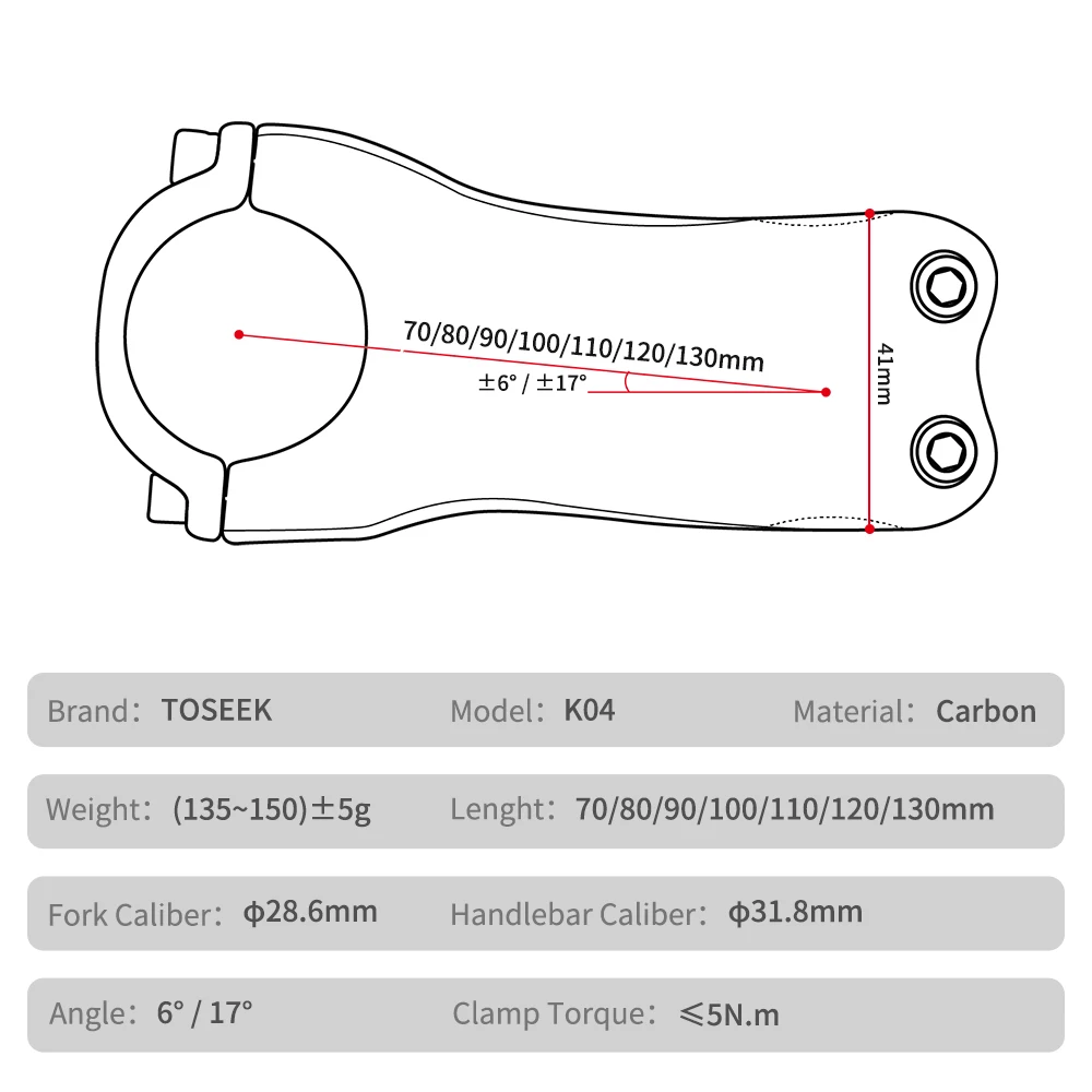 `TOSEEK K04 Full Carbon Bike Stem 6°/17° 70‑130mm 31.8mm Handlebar Stem MTB Road Bicycle Parts Matte Black`