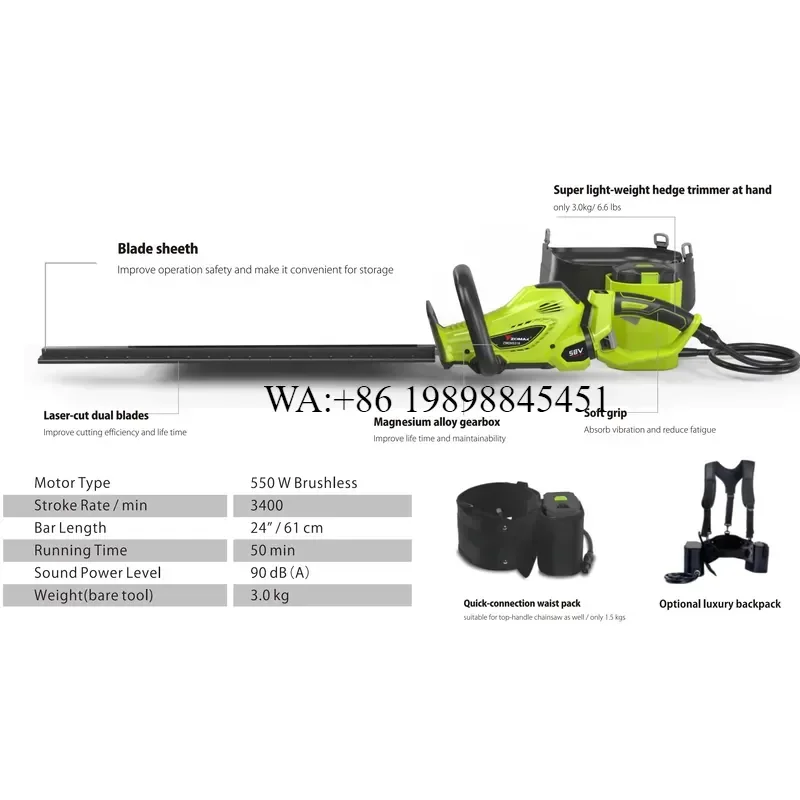 WMWMNU for ZOMAX 58V Brushless Cordless Hedge Trimmer High Efficiency Lithium Ion Lightweight Gardening Tool Only
