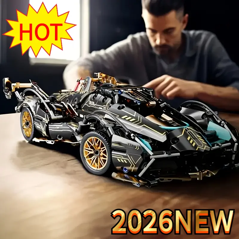 2026 Hot Building Block Racing Car V12 Building Block Car Black and Gold Accessories Fine Desktop Wooden Model Car Birthday Gift