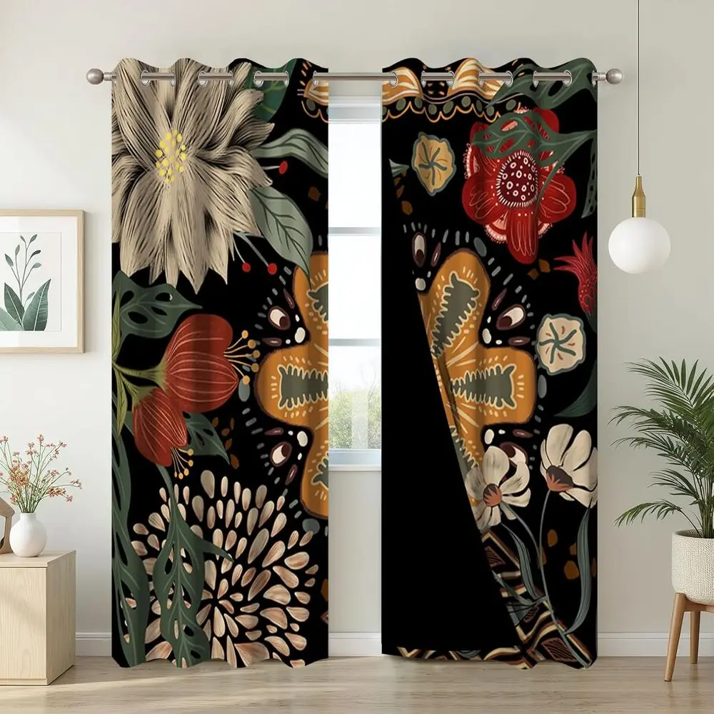 Botanical Print Blackout Curtains for Bedroom, Thermal Insulated, 2 Panels, 53x96 Inches