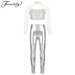 Kids Girls Jazz Dance Costume Long Sleeve Sequins Crop Top with Metallic Leggings Children HipHop Outfit for Dancing Competition