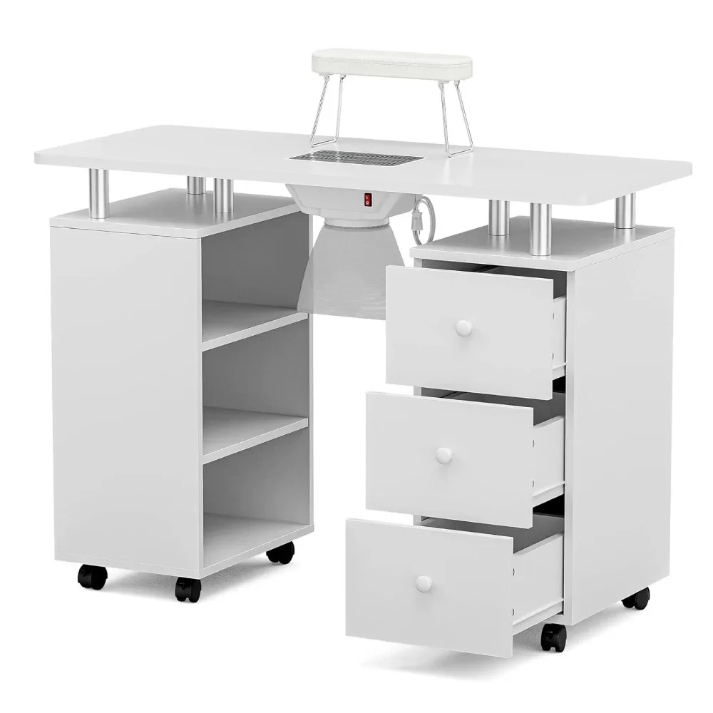 Desk Nail Table Station for Nail Tech W/Electric Downdraft Vent, Foldable Nail Arm RestStorage 3-Tier Shelves & Drawers