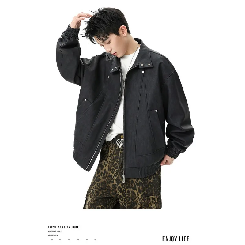 Men Black PU Leather Jacket Lapel Button Up Loose Casual Windbreaker Coat For Spring Autumn