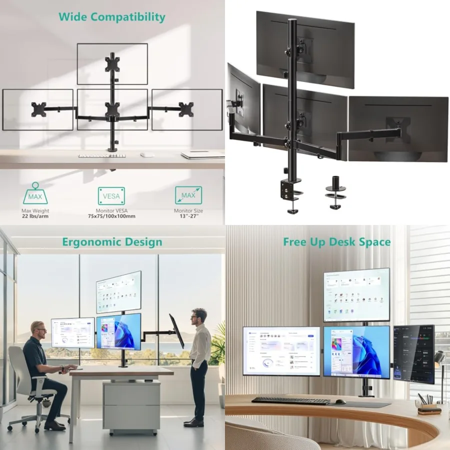 

Quad Monitor Mount for 13-27 Inch Screens, Fully Adjustable 4 Monitor Stand with Swivel, Tilt, Rotation, Clamp & Grommet Base Kit, Max Load 22lbs per Screen, Black