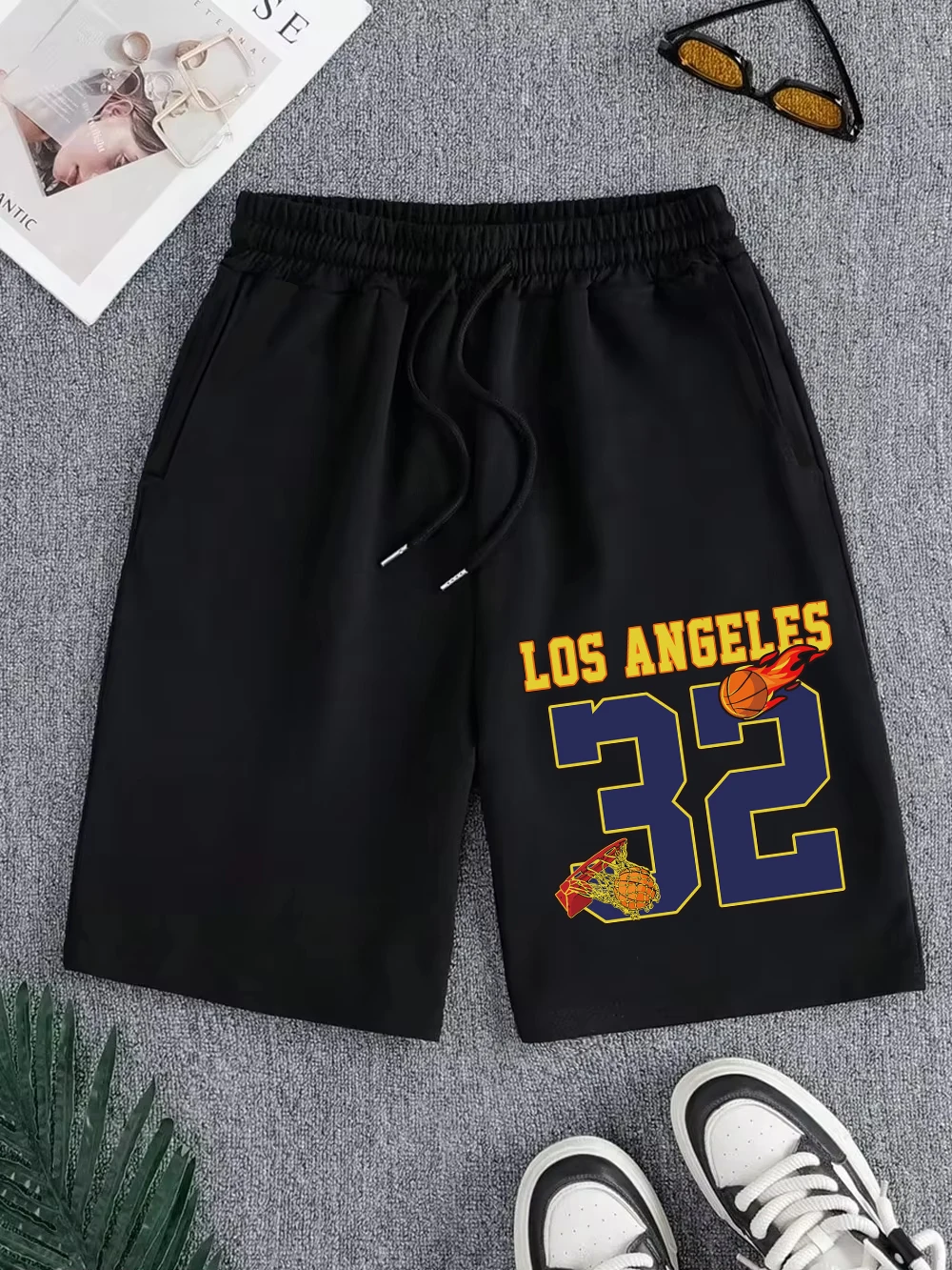 Los Angeles Number 32 Prints Pants Mens Sporty Pocket Wide Knee Length Shorts Basics High Waisted Shorts Summer Oversize Clothes