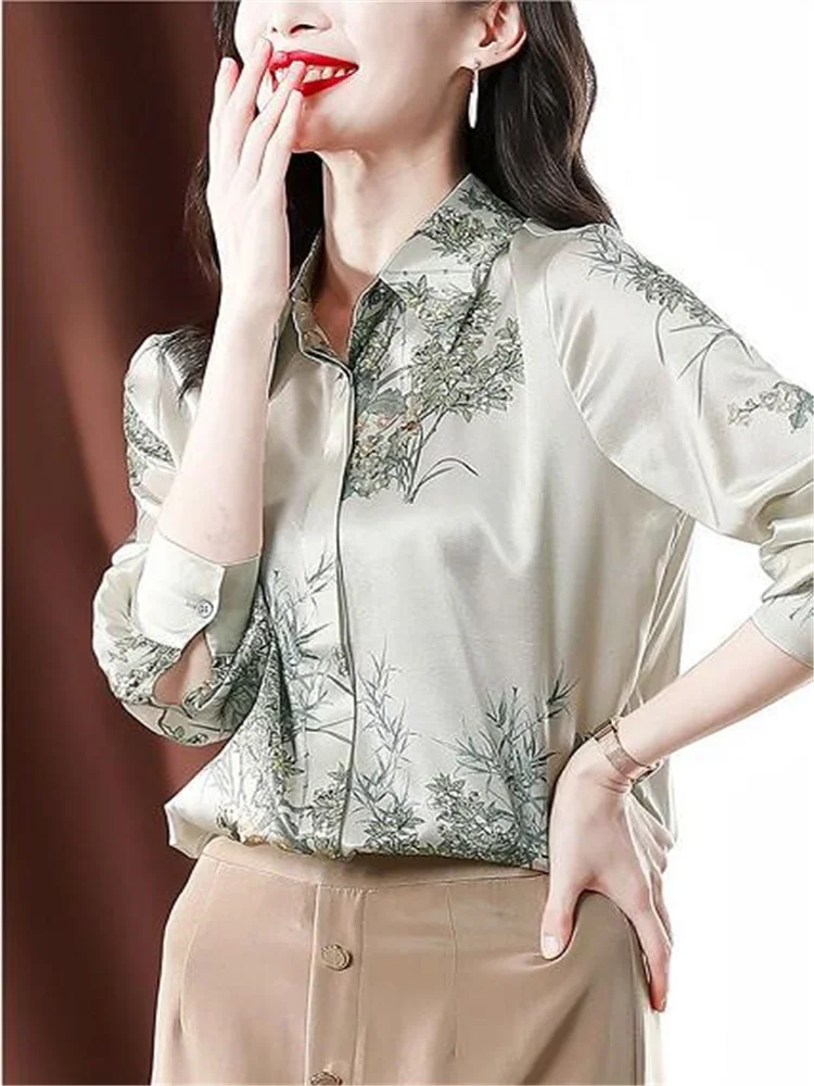 Elegant Women Silk Shirt OL Cardigan Blouse For Women Luxury Blouse Female Clothing Basic Floral Printing Top Female Satin Shirt