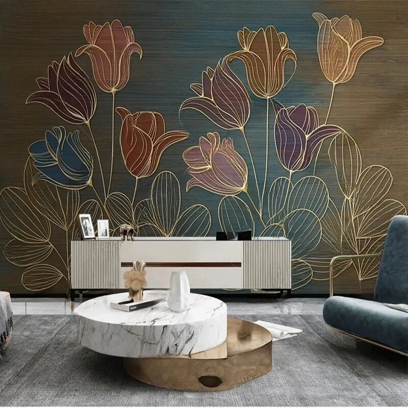 

MU8953 Modern simple Nordic light luxury simple line drawing flower tulip relief carving TV background wall painting