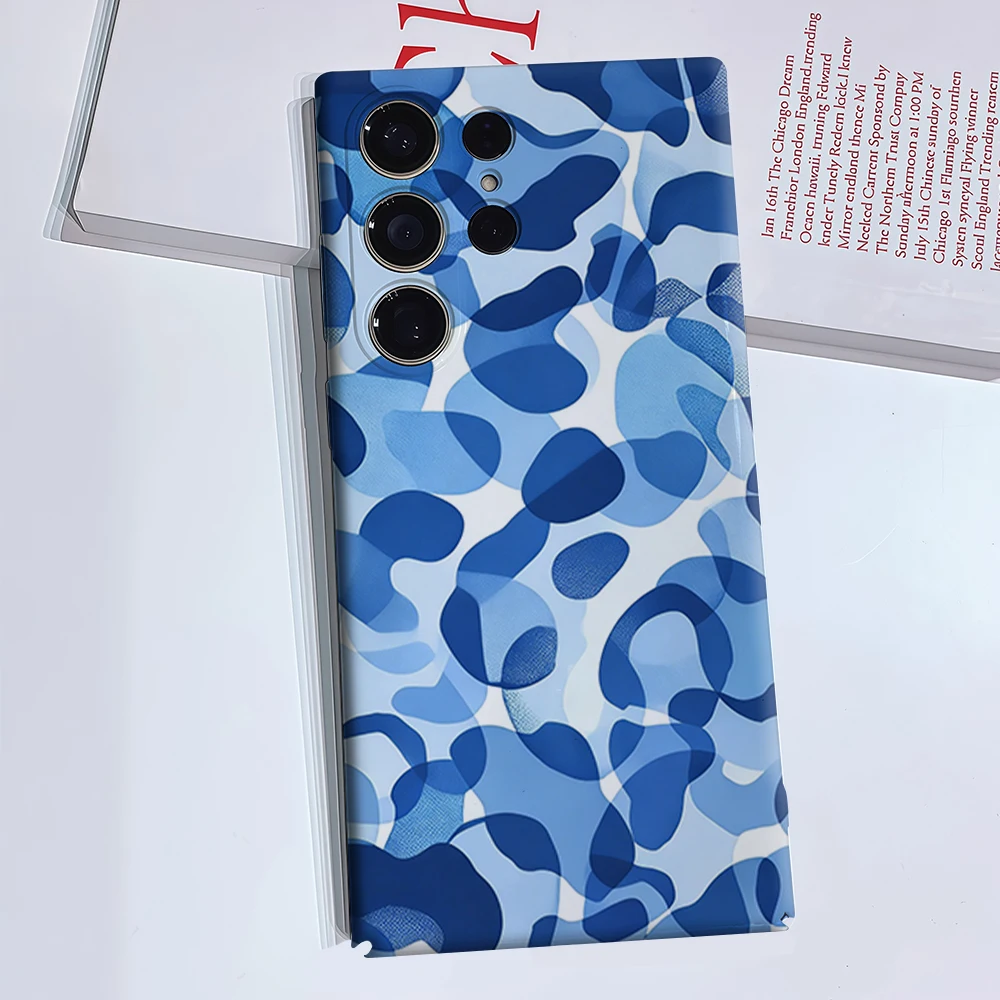 Blue Camo Abstract Phone Case for Samsung Galaxy S26 S25 Ultra S24 S23 Ultra Plus Glossy Double-layer Back Cover