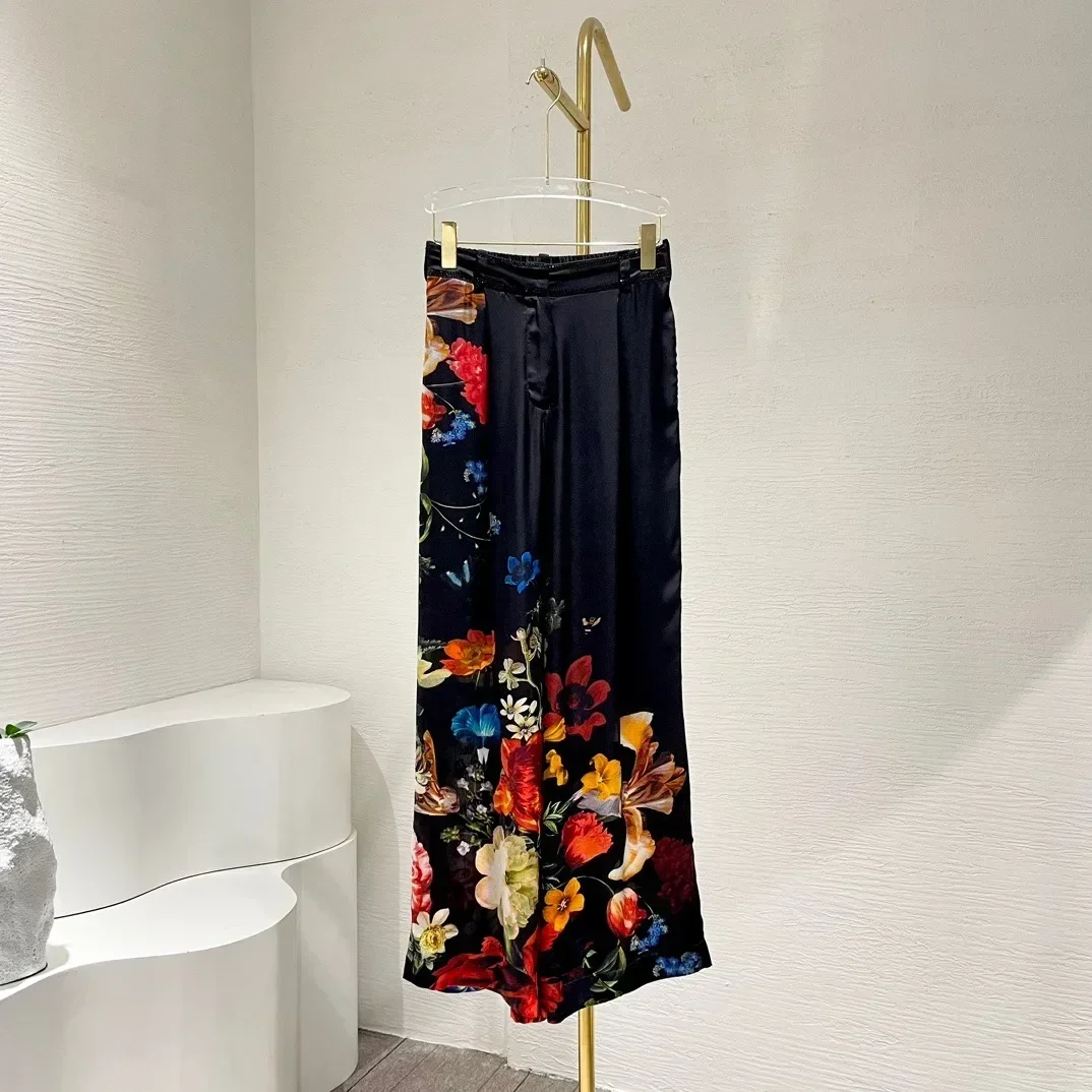 Blusa de seda pura de manga larga con estampado de flores, Conjunto elegante de blusa prensada con diamantes, Tops y pantalones, color negro y rojo, alta calidad, novedad de verano, 2024