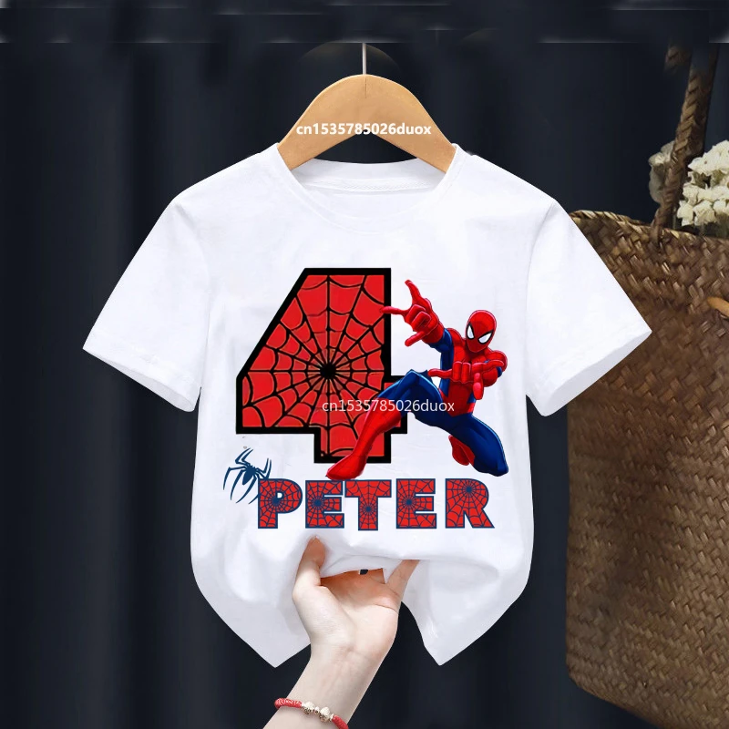 

BOY 2 3 4 5 6 7 8 9 Years Marvel Spiderman Summer 2024 White Short Sleeve T-Shirt Girl Birthday Spiderman Personalize Name Shirt