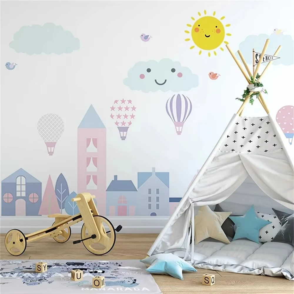 Custom cloud wallpaper papel de parede 3D wall stickers Cartoon airplane balloon sky children room background wallpaper backdrop
