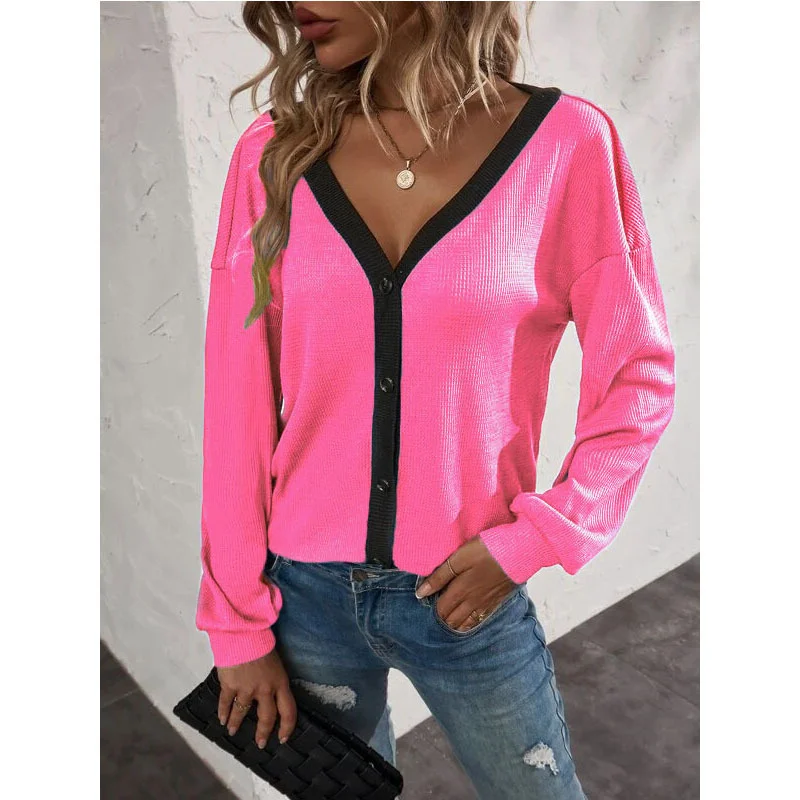 Waffle Button Cardigan Women's T-Shirt 2022 Autumn Fashion Solid Color Knitted Tops Casual Loose Dropped Shoulder Sleeves Clothe