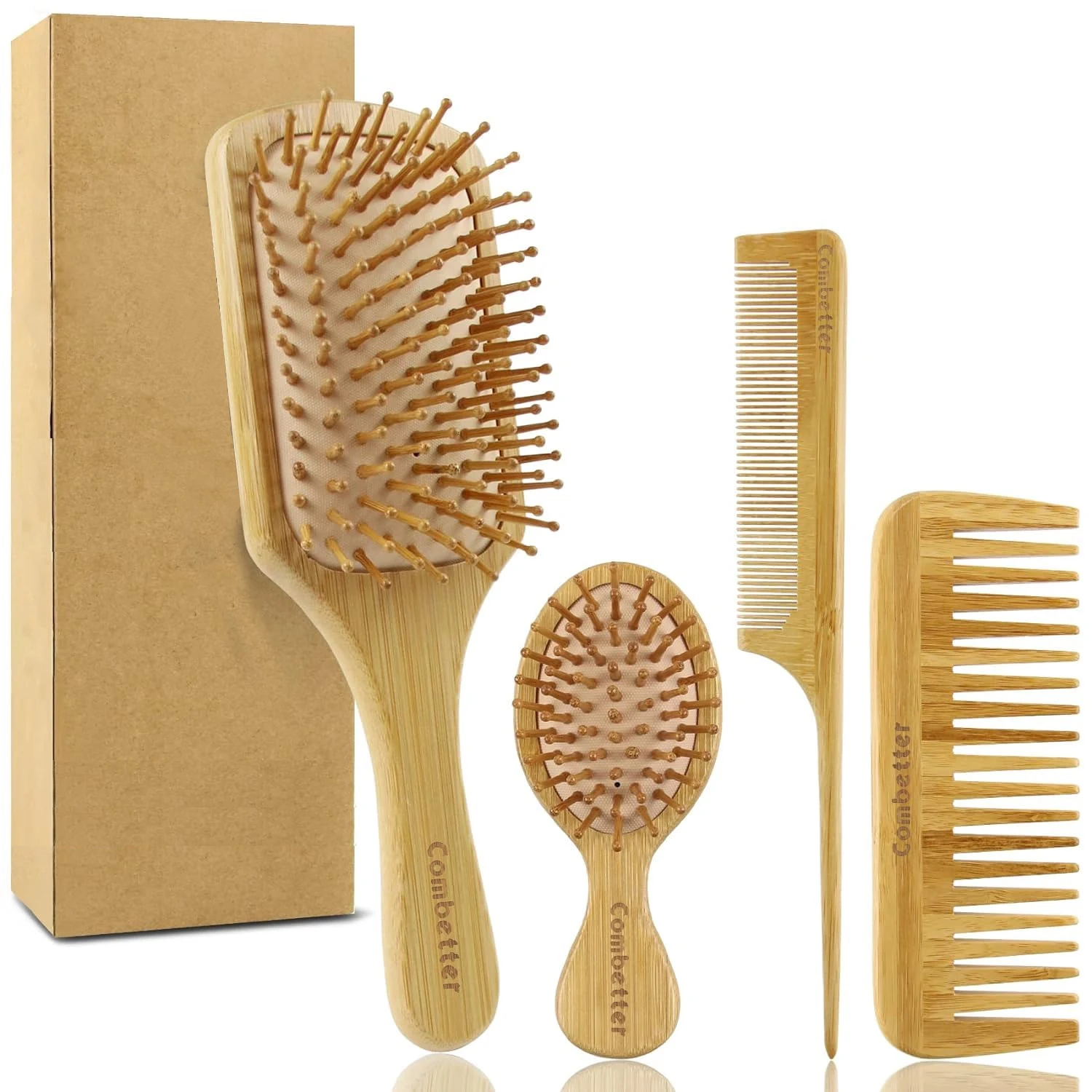 Bamboo Hairbrush and Air Cushion Comb Set, Suitable for Ladies and Grooming, Suitable for All Hair Types, Wide-Tooth and Pointed