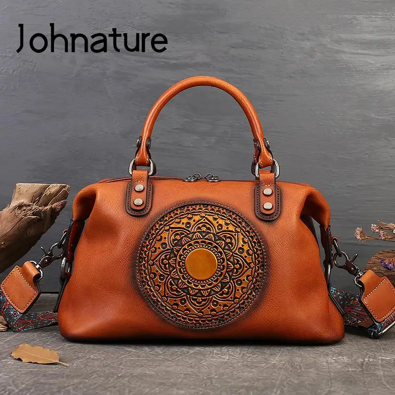 Johnature Handmade Retro Totem Women's Handbag 2025 New Genuine Leather Versatile Casual Tote Real Soft Cowhide Shoulder Bags