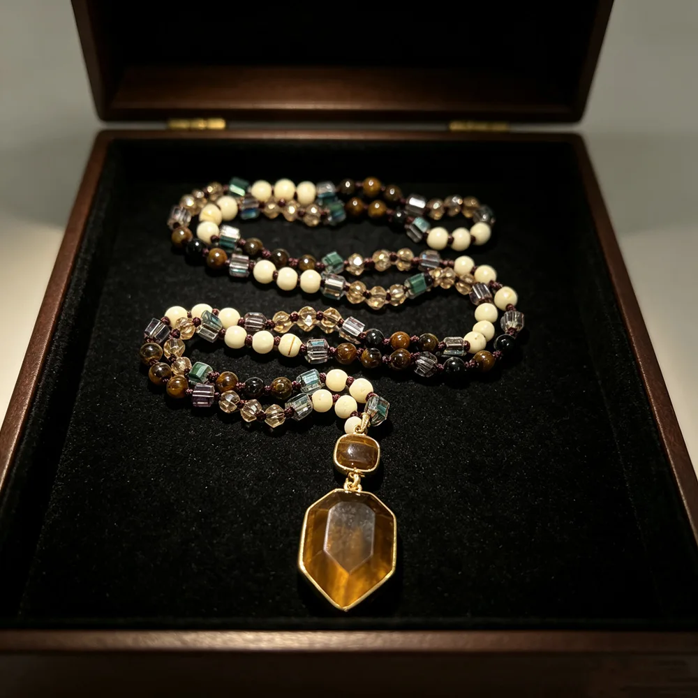 Retro Ethnic Storm, Siamese Necklace, Tiger Eye Stone Glass, Daily Versatile Pearl Chain, Long Sweater Chain