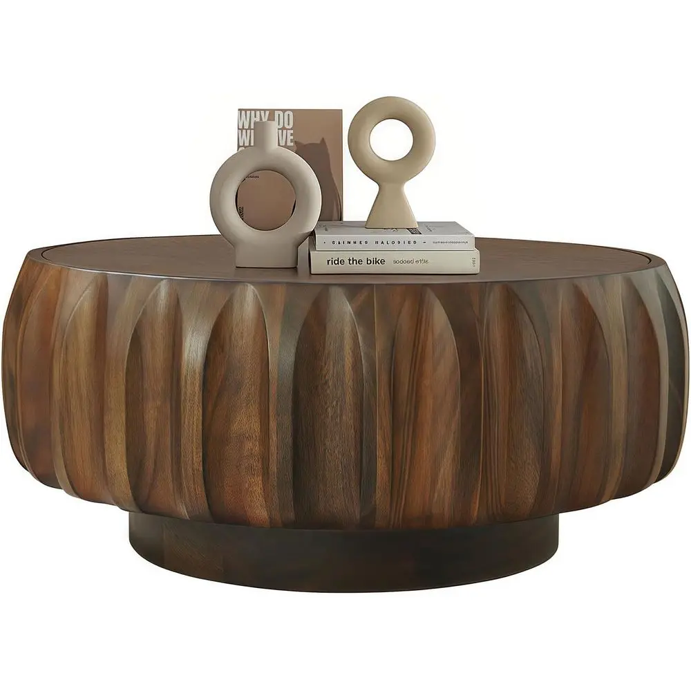 Contemporary Walnut Round Coffee Table with Luted Center for Living Room