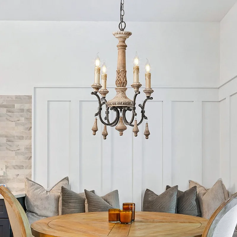 French retro chandelier, bedroom dining room light, American medieval solid wood carving homestay candle light