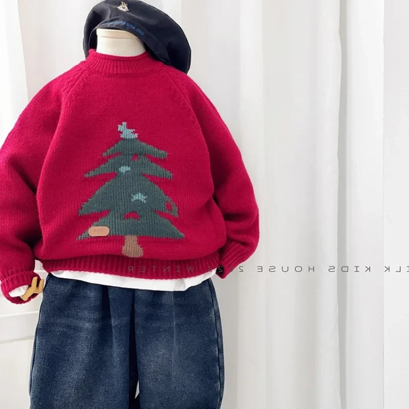 Ropa para niños, suéter de Navidad rojo Kawaii para bebés y niñas, suéter de punto con bordado bonito de árbol de Navidad, jersey de alta calidad