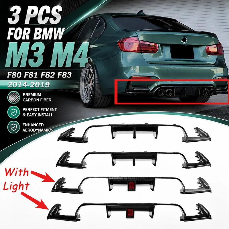 3 PCS For BMW M3 M4 F80 F81 F82 F83 2014-2019 Car Rear Bumper Rear Lip Spoiler Splitter Diffuser Body Kits Tuning Accessories