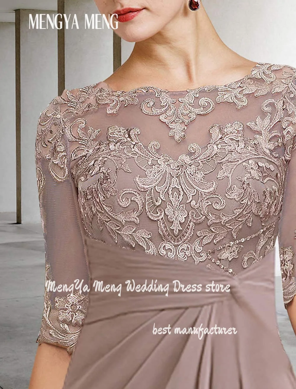 Abiti verdi personalizzati per la madre della sposa con maniche per abiti da festa di nozze Abito da sera in chiffon a trapezio con applicazioni di perline
