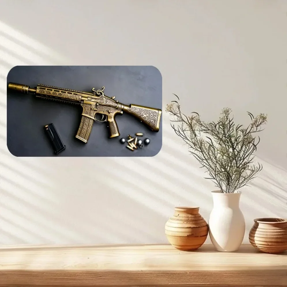 Ornate Golden Tactical AR Rifle Tin Sign Metal Wall Art for Gun Enthusiasts Man Cave Bar Retro Decorative Poster with Ammo