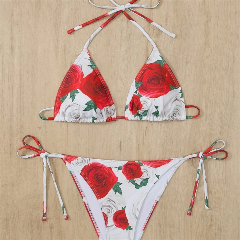 

Sexy Print Lace Up Bikinis 2 Piece Set For Women Split Swimsuit High Waist Beach Bikinis 2025 New Summer Swimwear Bikinis Set