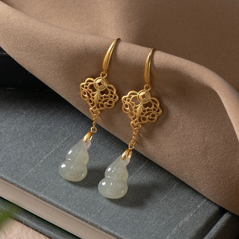 Original Natural Hotan Jade earrings for women high-level Ancient gold craft Classic Ruyi gourd Eardrop banquet jewelry