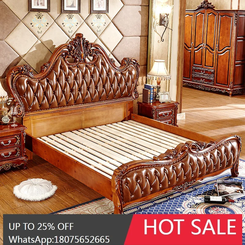 MJY European Style Genuine Leather Solid Wood Bed Main Cowhide Bed Sturdy and Durable