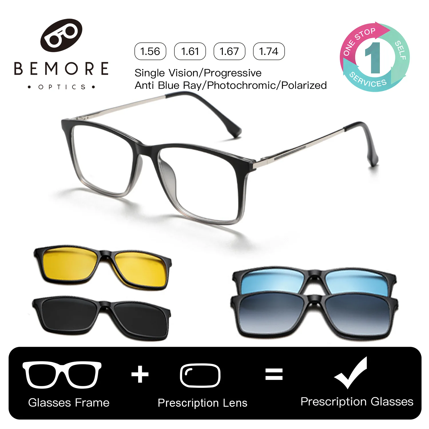 BEMORE Rectangle Magnetic Clip on Prescription Eyewear Acetate Polarized UV400 Sunscreen Goggles Myopia Multifocal Glasses