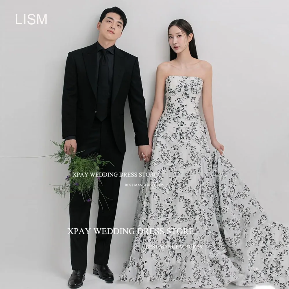 XPAY senza spalline stampa pizzo corea abiti da sera pieghe senza maniche abito formale servizio fotografico elegante abito da festa formale da sposa