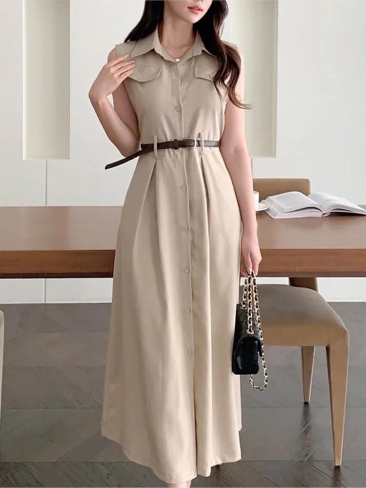 Sommer ärmellose Westen Kleid Frauen Ruf plissiert koreanischen Stil lose Damen kleider Mode elegante Frau langes Hemd Kleid