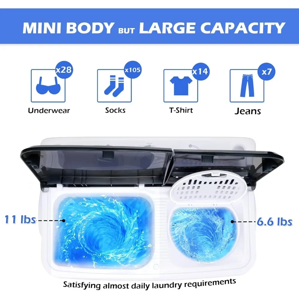 Machine à laver portable avec pompe de vidange par gravité pour appartement, mini lave-linge et essoreur à double baignoire compacte, capacité de 17,6 lb