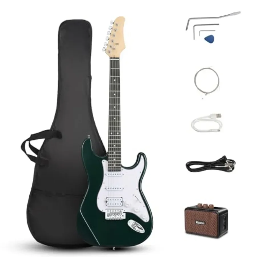 

Beginner electric guitar kit for adults: 39-inch green solid-body with HSS pickups, amplifier, bag, strap, cable, and accessori