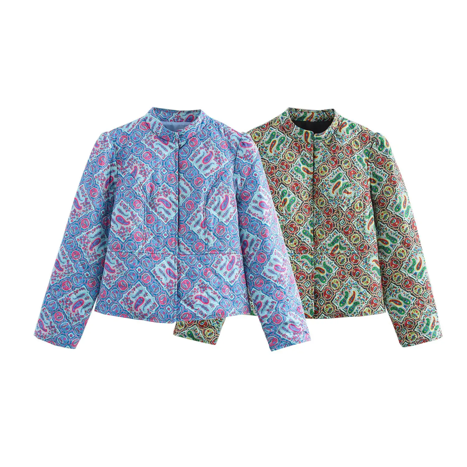 

2025 New Women's Clothing: European and American Style Versatile Stand Collar Long Sleeve Loose Printed Cotton Jacket·