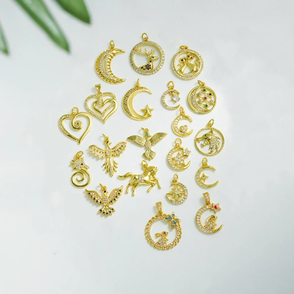 LJRIVER 5 Pcs Charms for Jewelry Making Crescent Sky Moon Star Pendants DIY Keychain Necklace Chains Bracelet Zircon Brass Parts