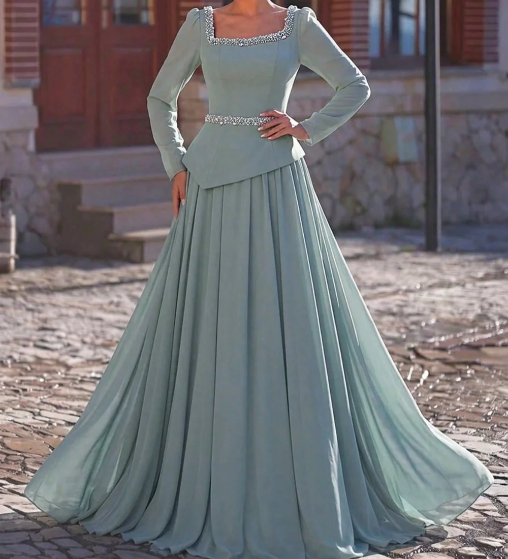 

Customized Sizes Available Casual Jersey Pleat Beading Sequined Rhinestone A-line Square Neck Floor-Length Evening Dresses