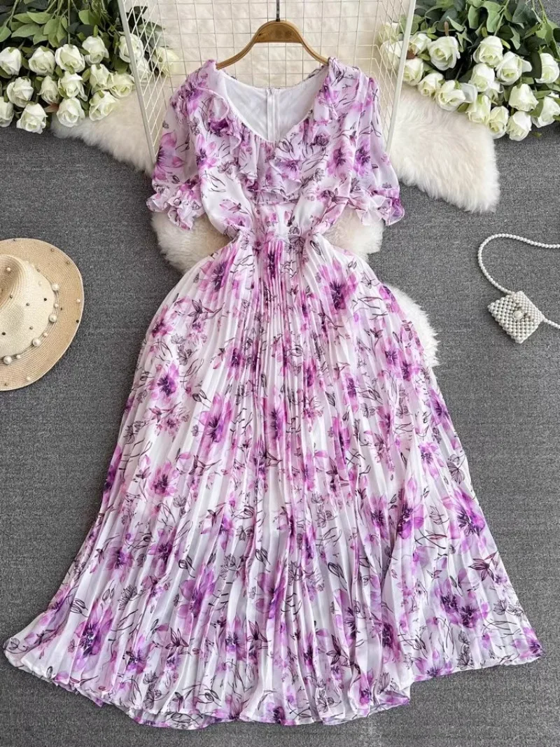 

Y2k Vintage French Vestidos De Mujer Elegant V Neck Ruffles Pleated Chiffon Party Dresses Summer Flower Print Slim Robe Femme